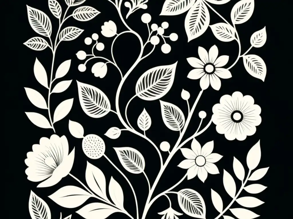 Una obra de arte en papel negro con diseño contemporáneo y elementos florales en tinta blanca, evocando elegancia vintage