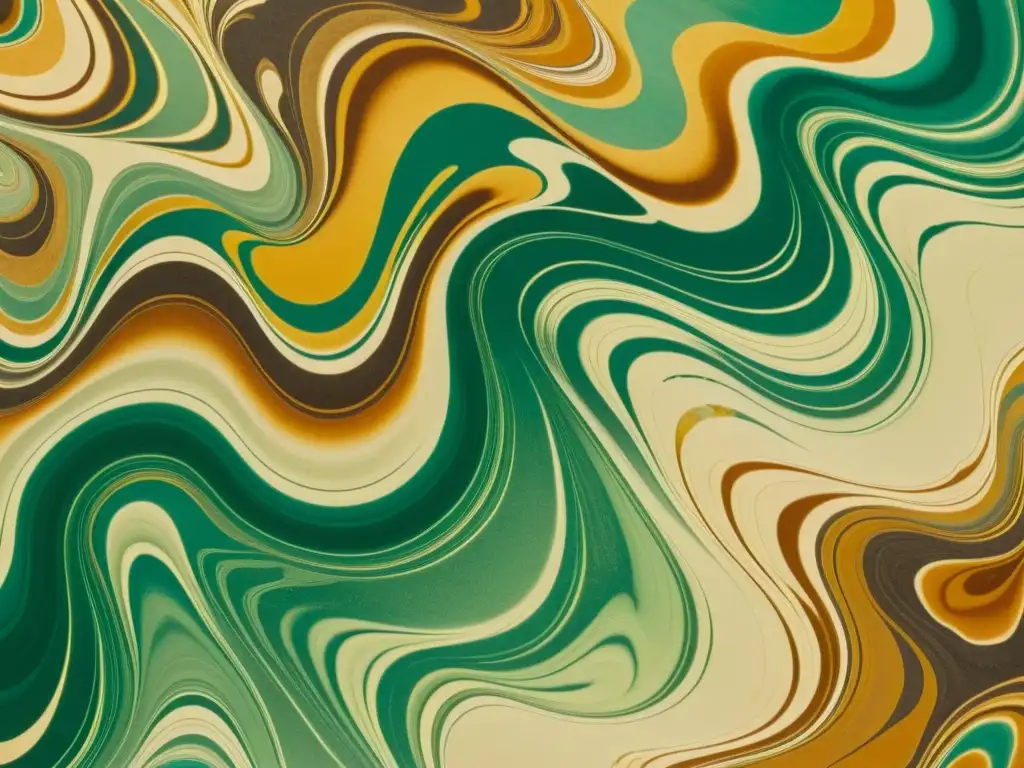 Una obra de arte en papel con técnicas antiguas de marbling, que muestra patrones intrincados en tonos terrosos y un efecto visual hipnótico