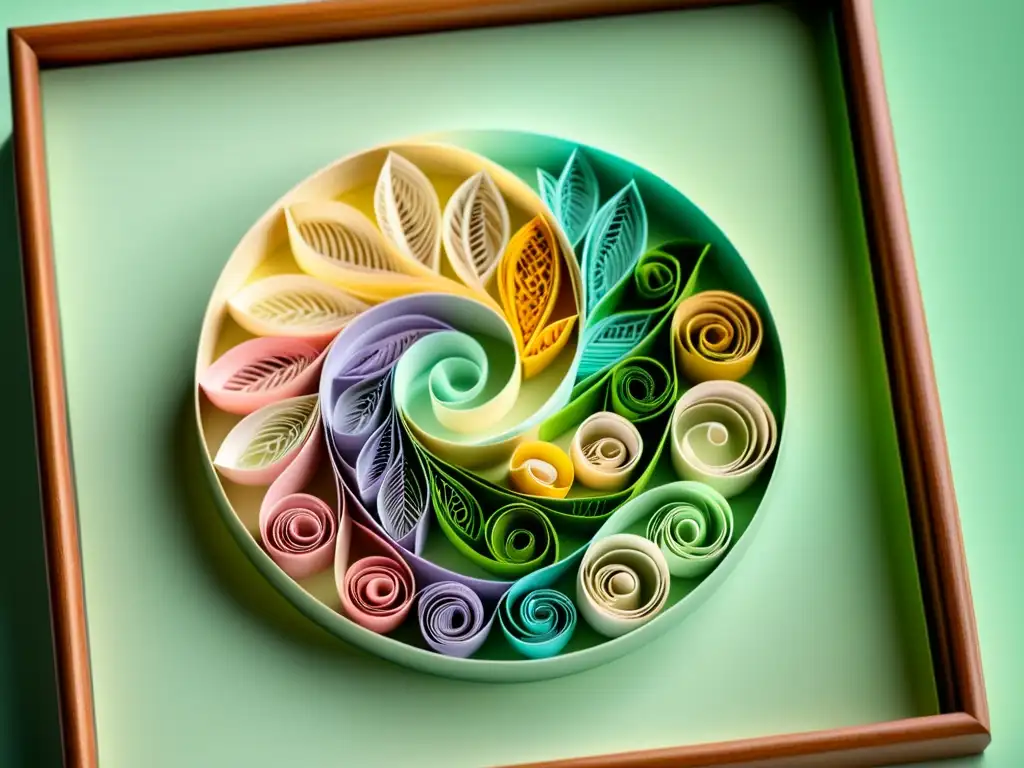 Una obra de arte vintage en papel quilling, con intrincadas espirales en tonos pastel