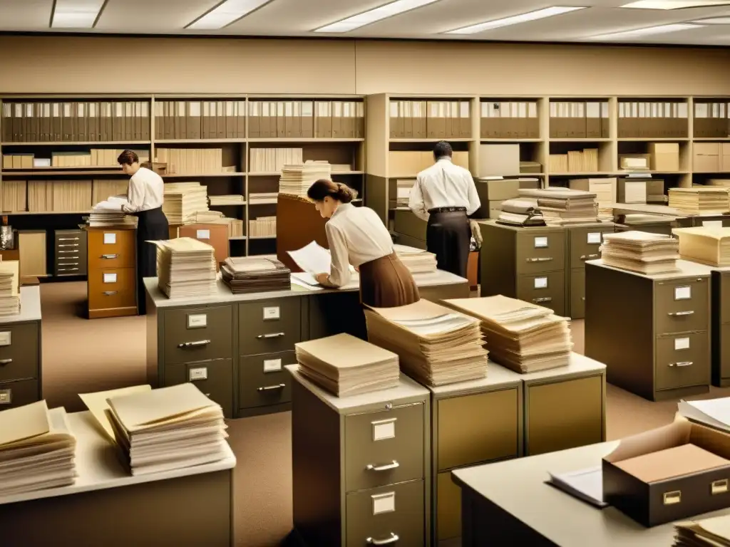 Una ilustración vintage de una oficina bulliciosa con empleados trabajando entre pilas de documentos y archivadores antiguos