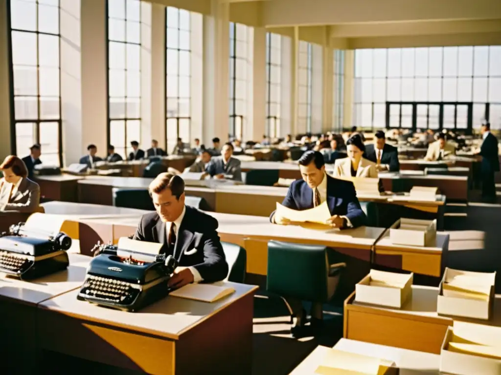 Oficina corporativa vintage de los años 60, con empleados, máquinas de escribir y archivos en papel