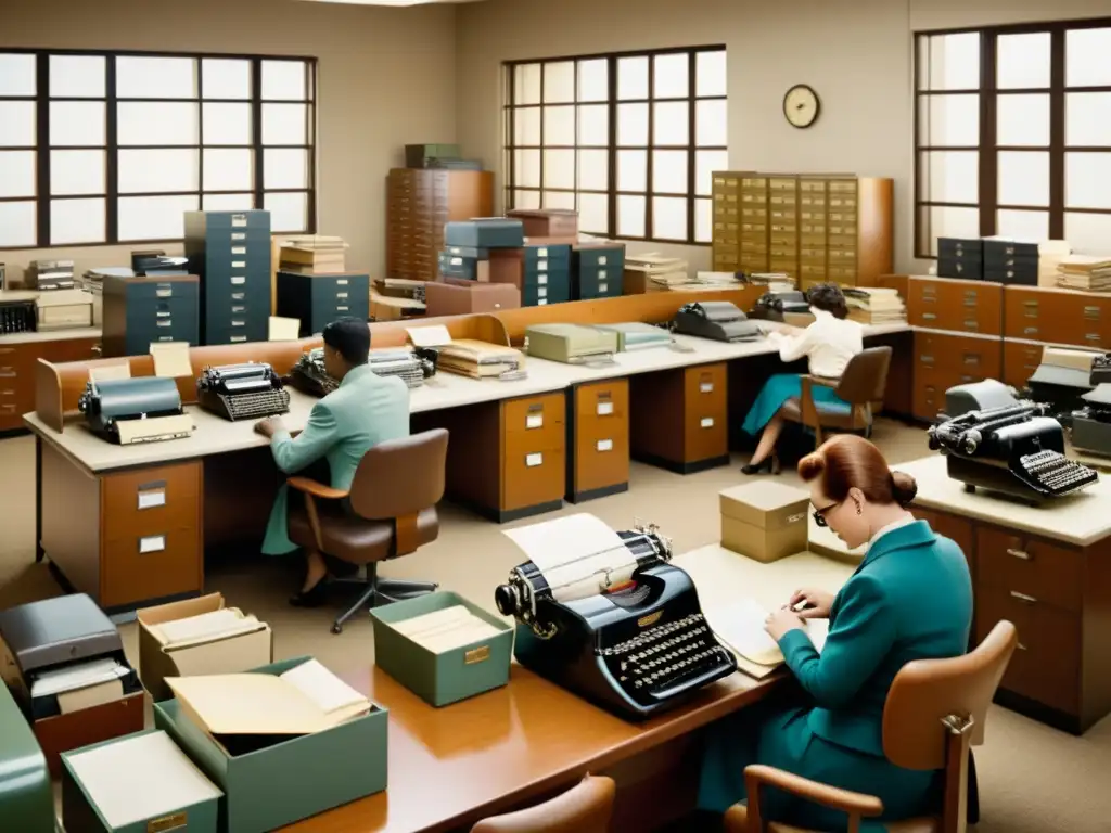 Oficina de la década de 1950 con empleados usando máquinas de escribir y sumadoras vintage, rodeados de papeleo y archivadores