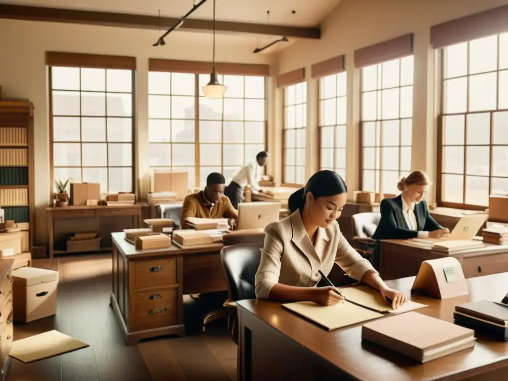 Una oficina vintage con papelería ecológica para empresas, personal trabajando en un ambiente cálido y acogedor