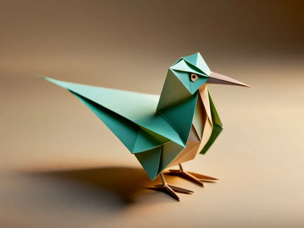 Un origami de papel reciclado, con pliegues delicados y textura vintage, iluminado suavemente