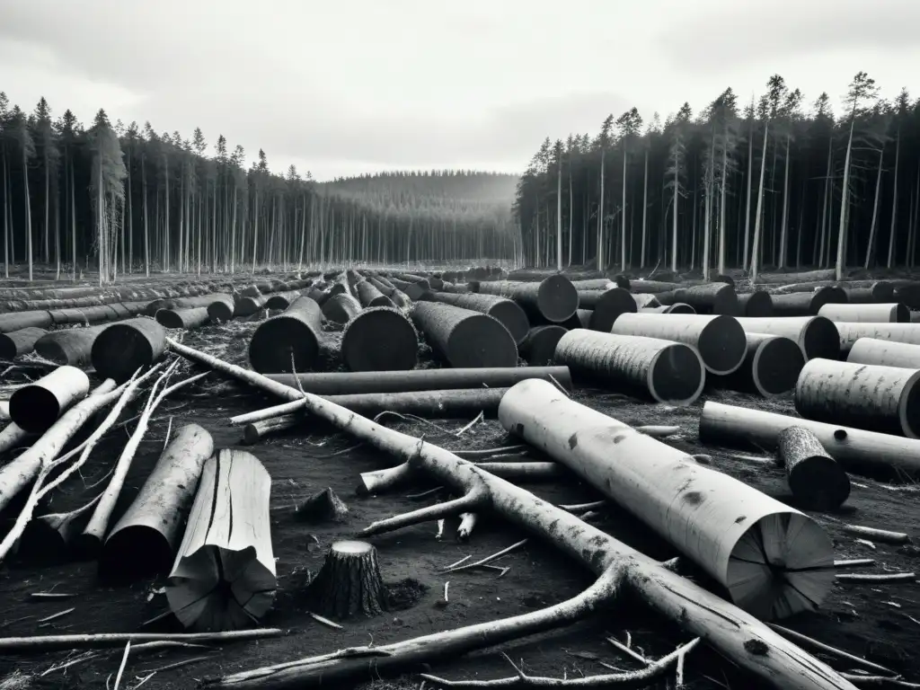 Un paisaje desolado de bosque deforestado en blanco y negro, destacando el impacto ambiental de la producción de papel