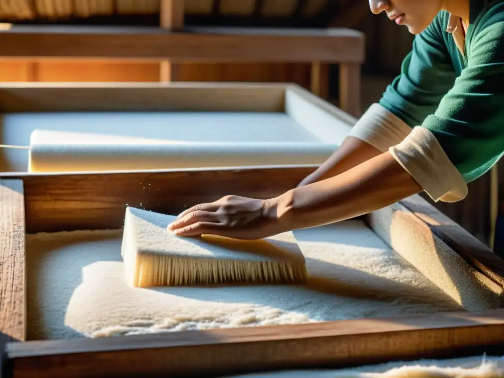 Producción de papel artesanal capturando la esencia del impacto ambiental en una escena de artesanía y sostenibilidad