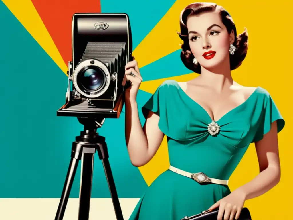 Papel fotográfico revolucionando el arte y la publicidad en un anuncio vintage de los años 50 con una mujer glamorosa y equipos fotográficos