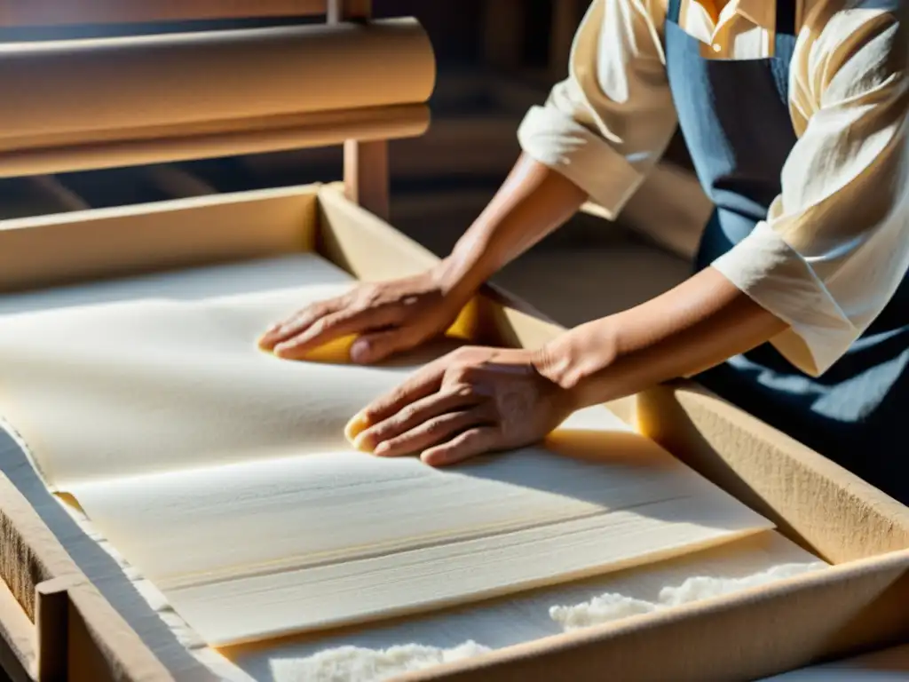 Artesanos expertos elaborando papel artesanal con fibras naturales Producción de papel neutra en carbono: Artesanos elaborando papel a mano con fibras naturales, evocando artesanía atemporal y sostenibilidad