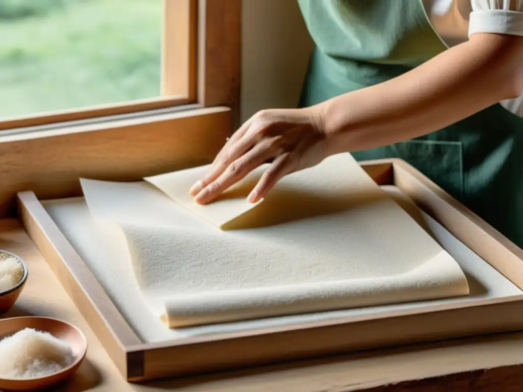 Transformación de papel reciclado de alta gama: manos moldeando papel en un taller artesanal, con tonos cálidos y luz natural