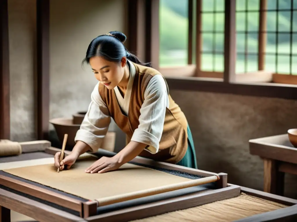 Producción de papel reciclado: artesanía china con fibras de morera y marco de madera en un entorno rústico, exudando historia y herencia cultural