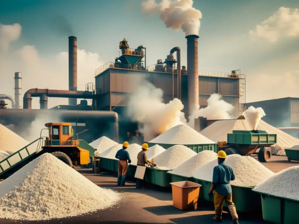 Producción de papel reciclado impacto ambiental: Fábrica vintage con trabajadores, maquinaria humeante y skyline industrial