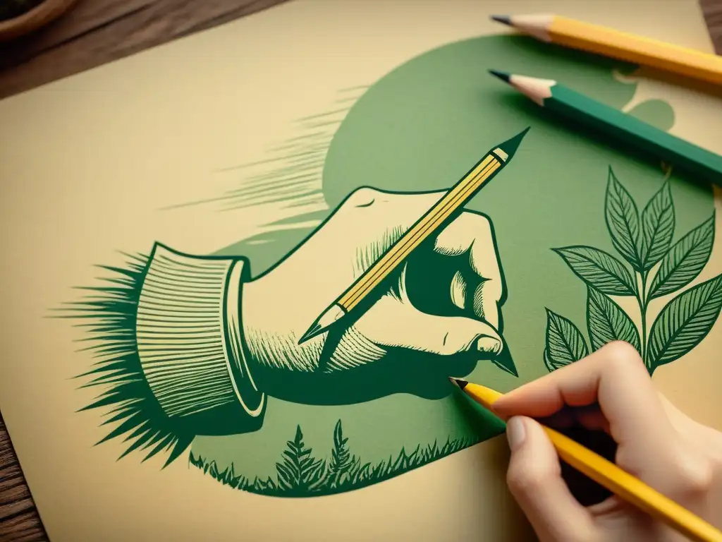 Una ilustración sobre papel sencilla, detallada y nostálgica de una mano dibujando con lápiz una escena de naturaleza