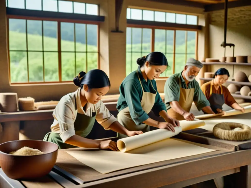 Artisanos fabricando papel con técnicas tradicionales, rodeados de herramientas vintage