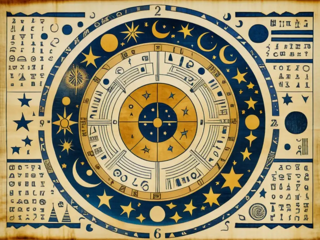 Un papiro precolombino detallado muestra mapas celestiales e intrincados símbolos, evocando la conexión entre la astrología y la astronomía