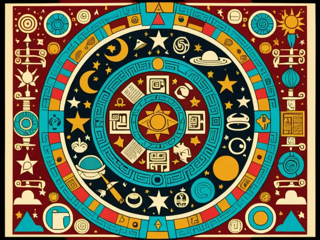 Papiros precolombinos de astrología y astronomía: codex maya con símbolos celestiales y astrológicos, colores vibrantes y detalles finos