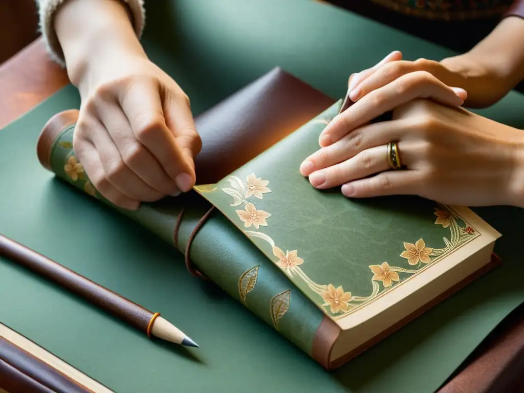 Un par de hábiles manos envuelven delicadamente un libro de cuero desgastado con papel vintage de diseño floral