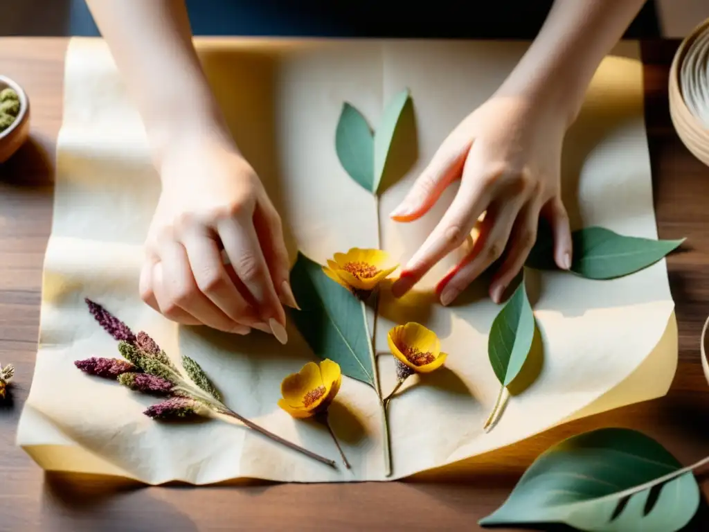 Un par de manos delicadamente creando arte con papel orgánico natural, rodeadas de elementos naturales