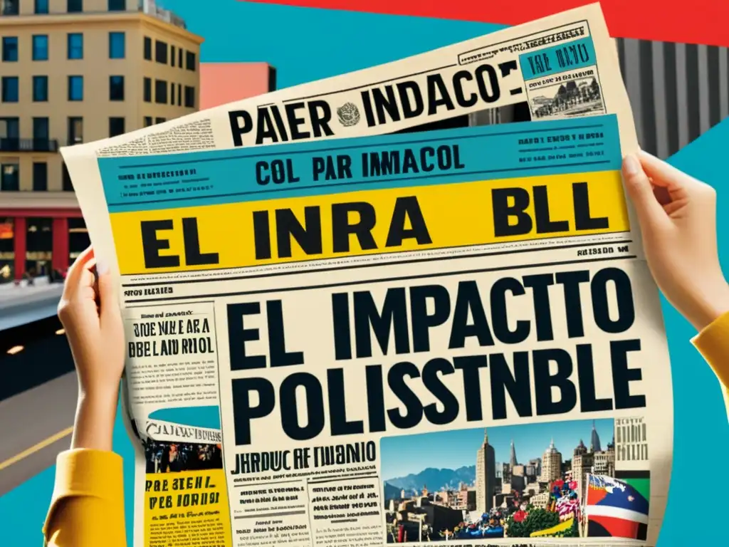 Par de manos sostienen un periódico vintage con el titular 'Papel para el Pueblo: El Impacto Político del Papel Sostenible'