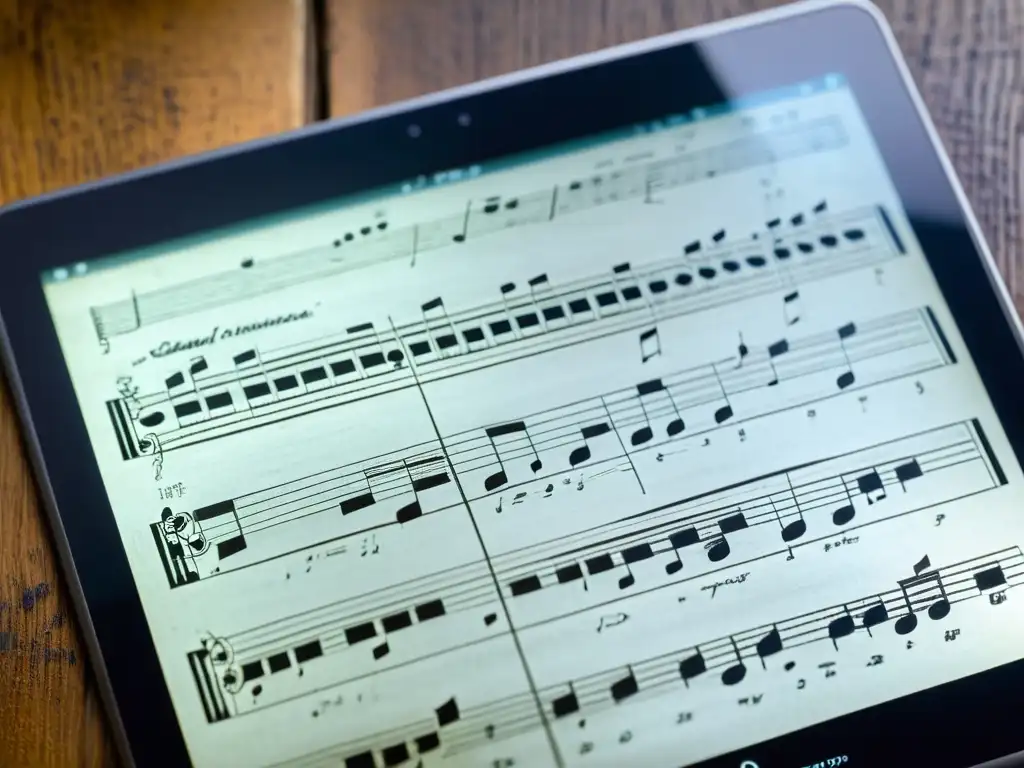 Partitura antigua y tableta digital muestran el impacto del papel en la música en una atmósfera nostálgica y evolutiva