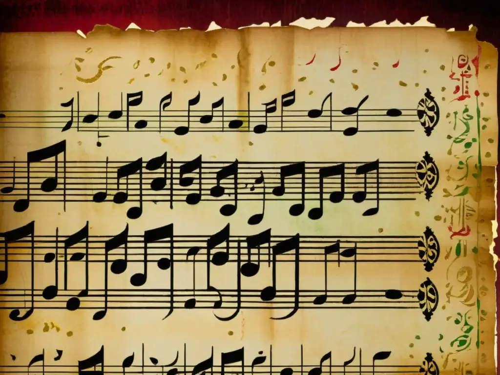 Una partitura en papel envejecido con símbolos precolombinos y notaciones musicales, evocando la tradición y la historia