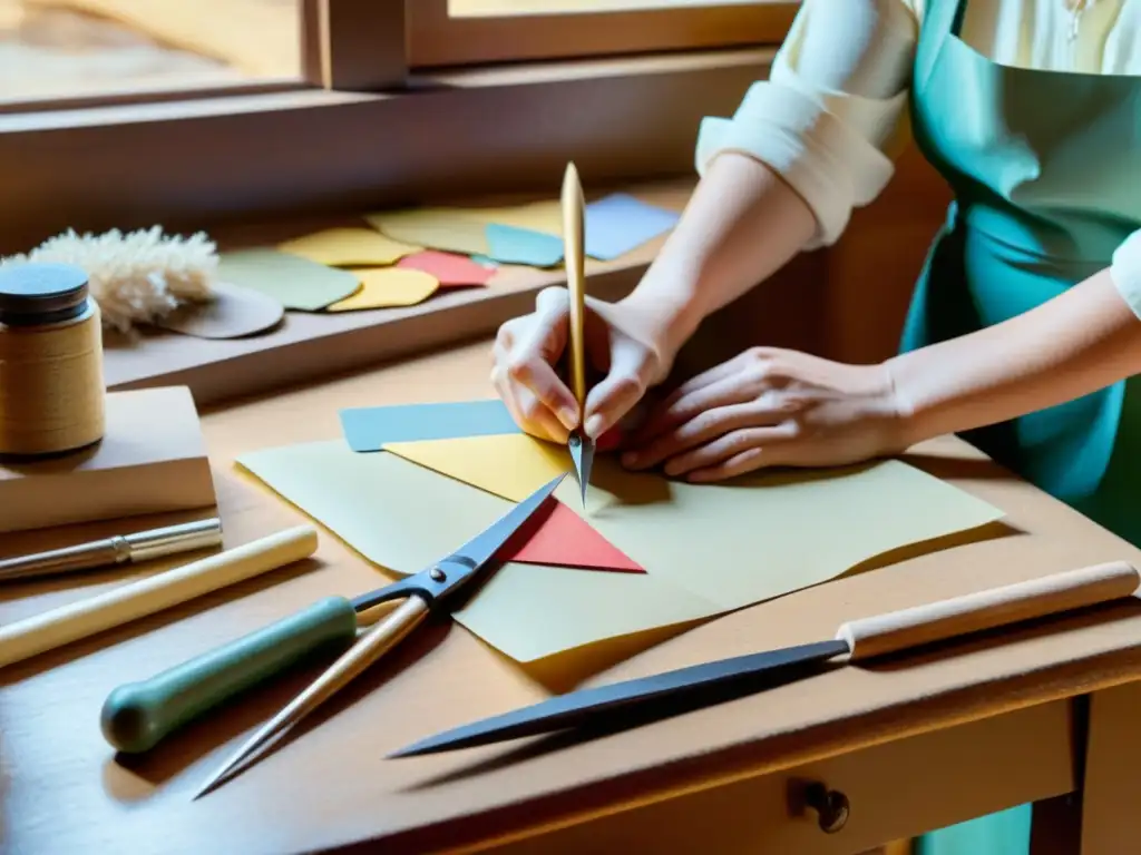 Guía paso a paso papel maché: Creación artesanal de escultura con papel en mesa vintage, rodeada de herramientas de artesanía