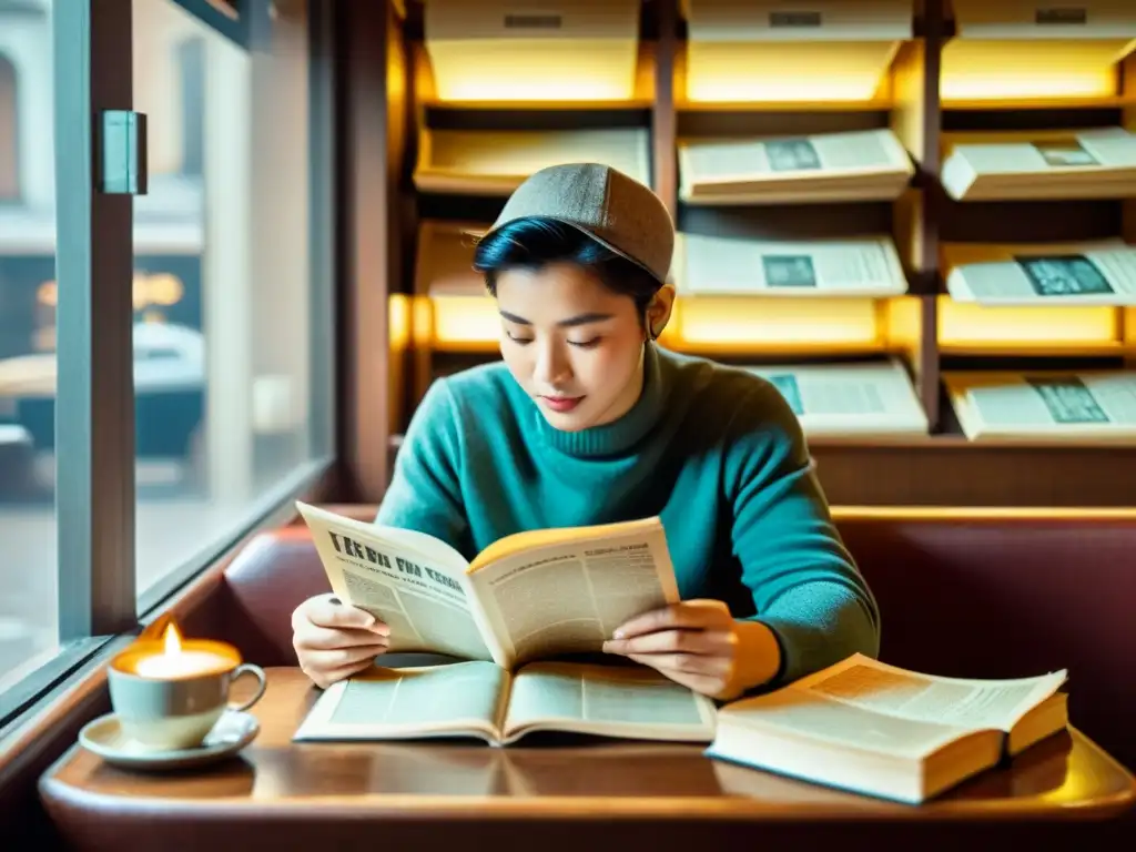 Una persona lee en un café vintage rodeada de libros y periódicos, utilizando papel electrónico en sus actividades cotidianas