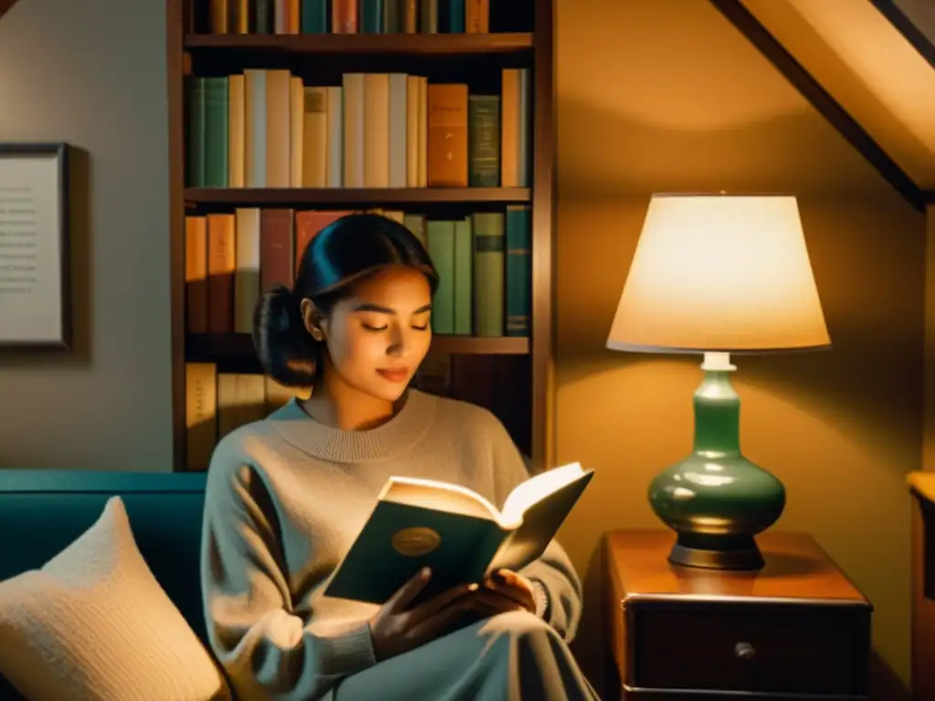 Persona concentrada leyendo en acogedor rincón de lectura vintage, rodeada de libros y lámpara cálida