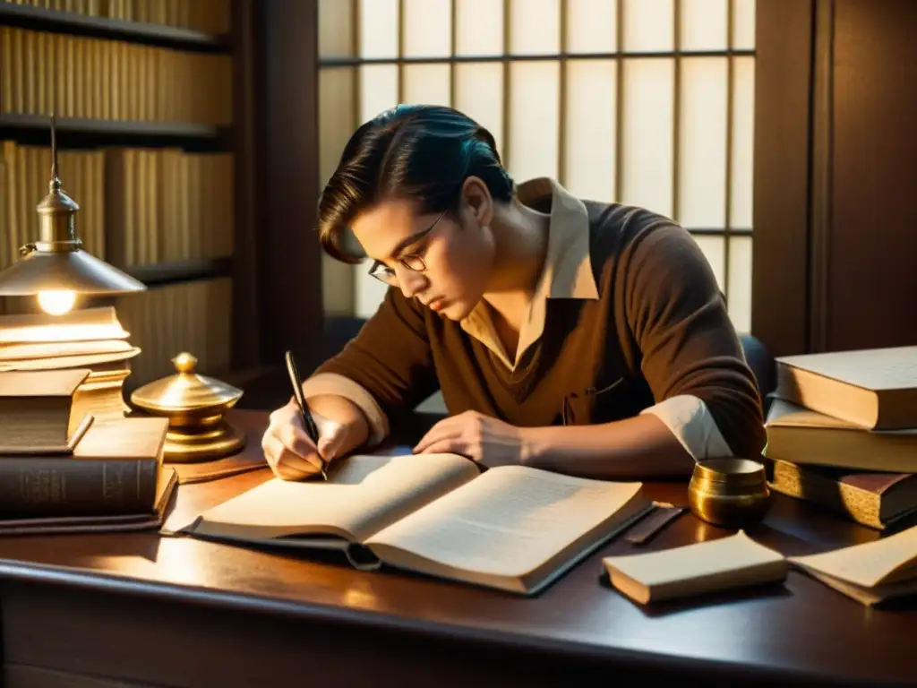 Persona escribiendo en un diario vintage con pluma, rodeada de antiguos diarios y revistas