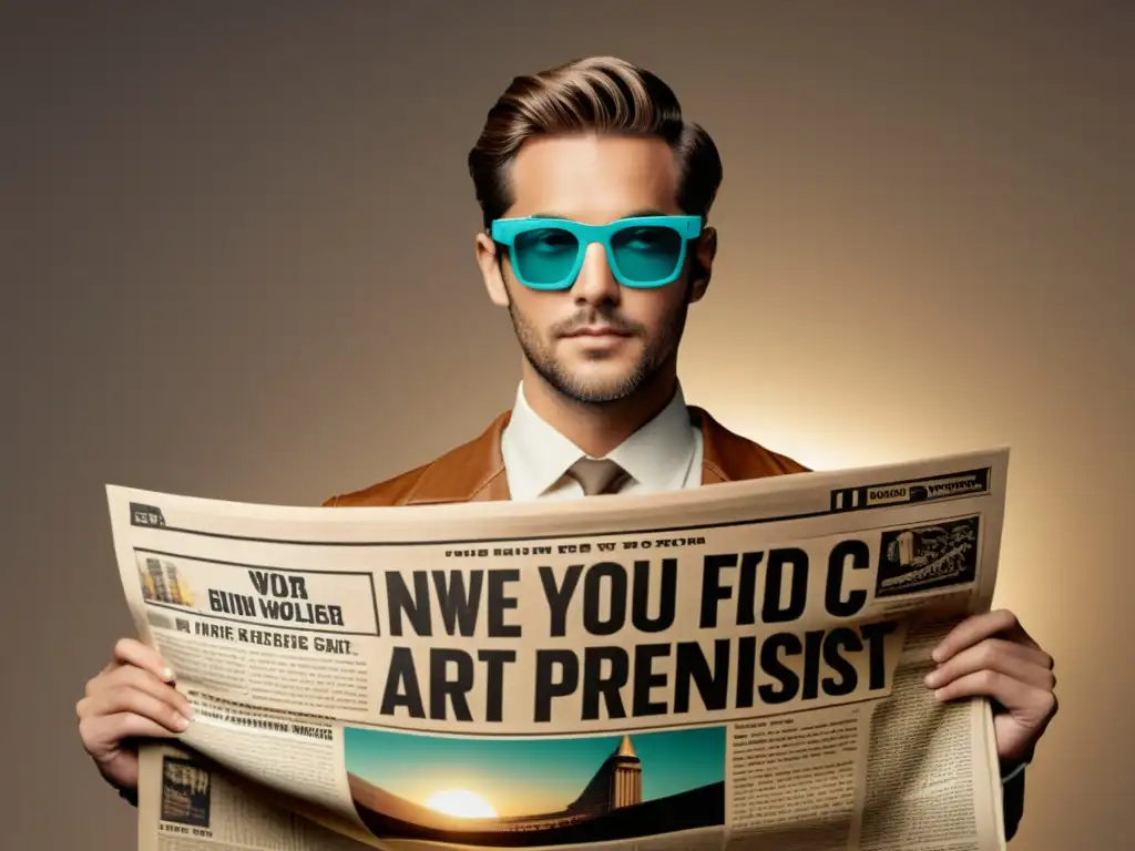 Persona usando gafas AR sostiene publicidad en papel con realidad aumentada, fusionando lo clásico y lo futurista en un anuncio vintage