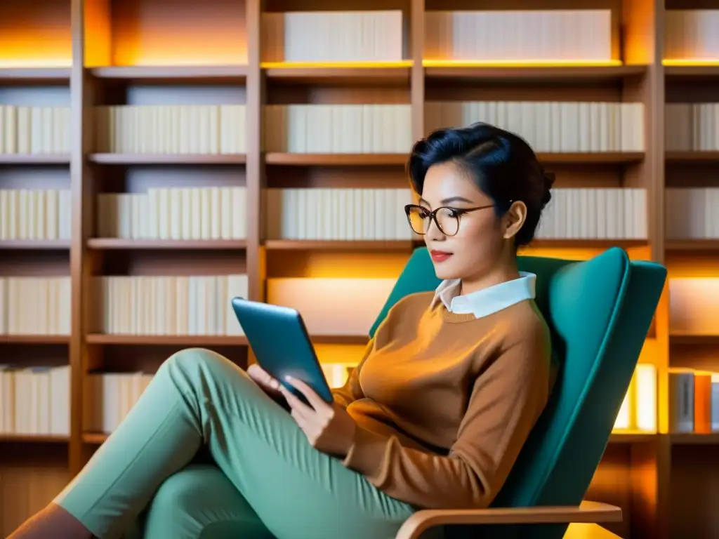 Persona disfruta de la lectura en un cómodo sillón con un libro electrónico, mostrando la revolución de la lectura en el siglo XXI