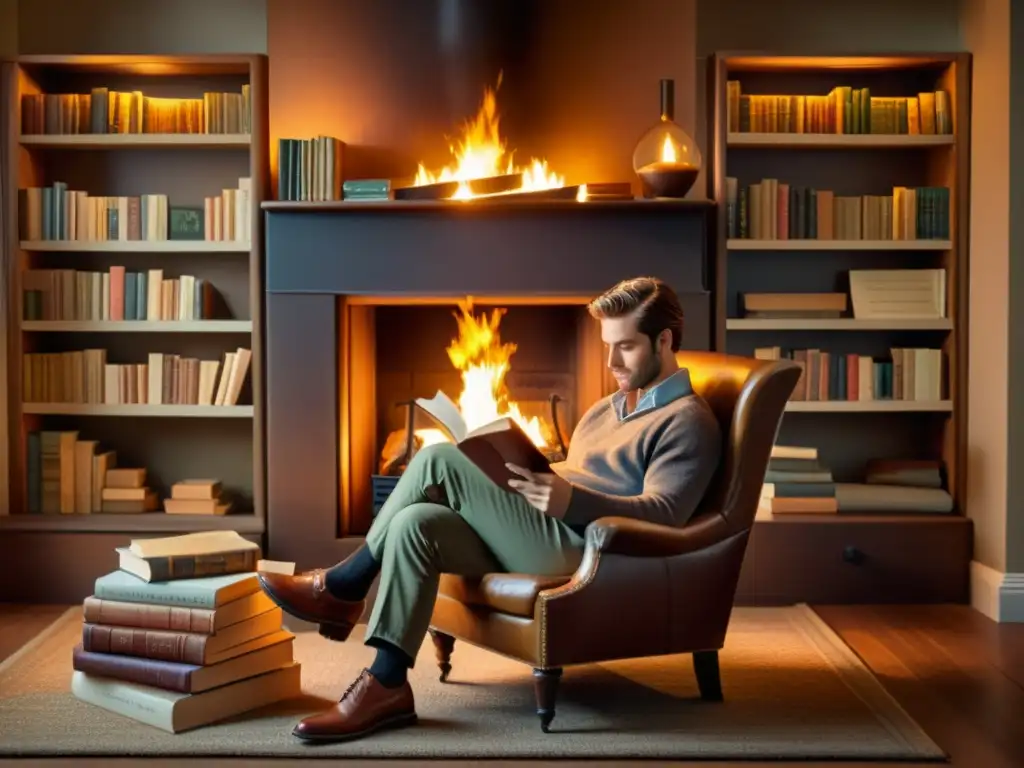 Persona leyendo un libro en una acogedora chimenea rodeada de estanterías llenas de libros antiguos, destacando el impacto del papel en la era digital