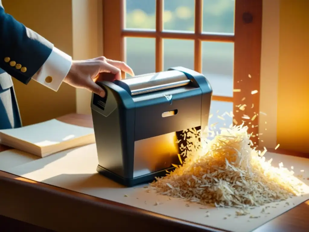 Persona triturando papel en un clásico destructor, con partículas flotando en el aire, iluminado por cálida luz