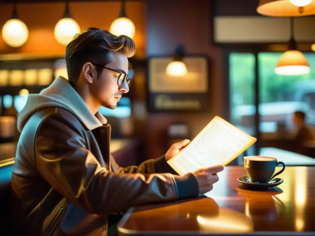 Una persona disfruta de su papel electrónico en un acogedor café, sumergida en su lectura mientras el dispositivo irradia una cálida luz