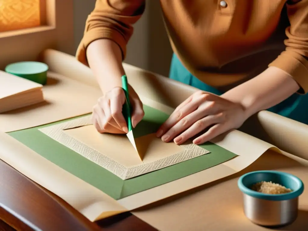 Persona transformando papel usado en hojas vibrantes en casa, transmitiendo tradición y técnicas eficientes reciclaje papel casa