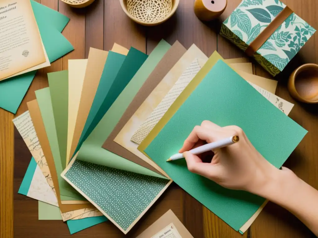 Persona seleccionando papeles especiales para técnicas de collage en una mesa de madera vintage