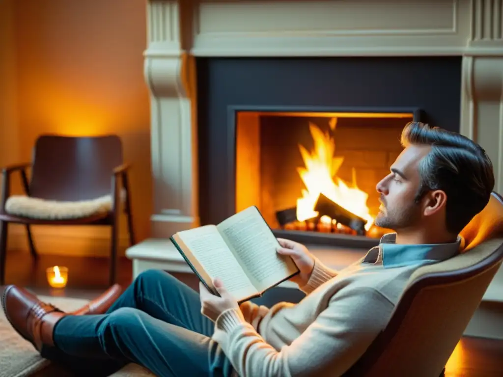 Una persona reflexiva disfruta de la lectura en un sillón junto a la chimenea, sosteniendo un libro y una tableta