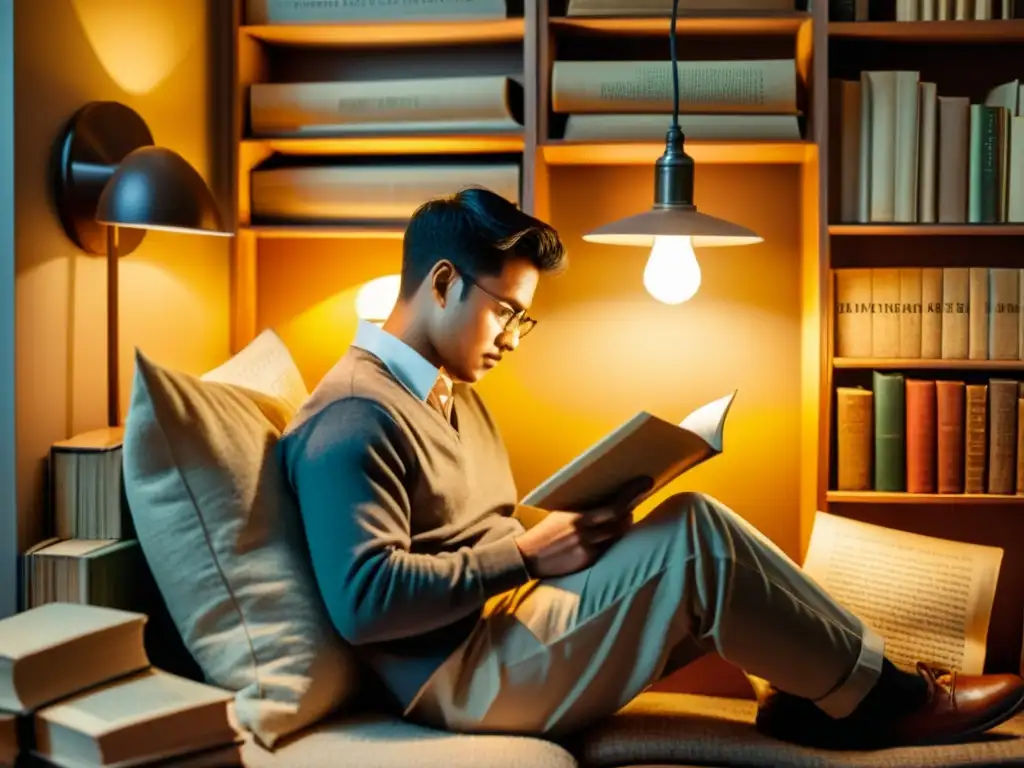 Una persona leyendo en un rincón acogedor, rodeada de libros y concentrada en un periódico, bajo la cálida luz de una lámpara vintage