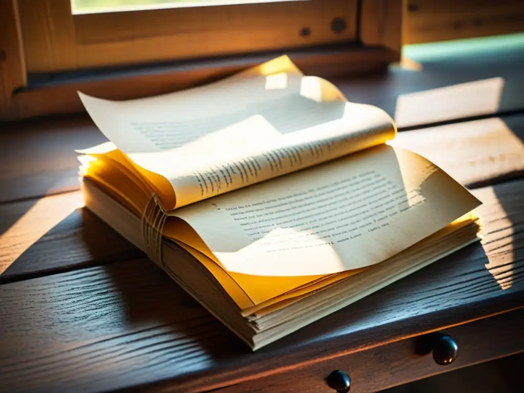 Viejos documentos de papel en escritorio de madera Una pila de documentos envejecidos reposa sobre un escritorio de madera, bañados por la cálida luz del sol