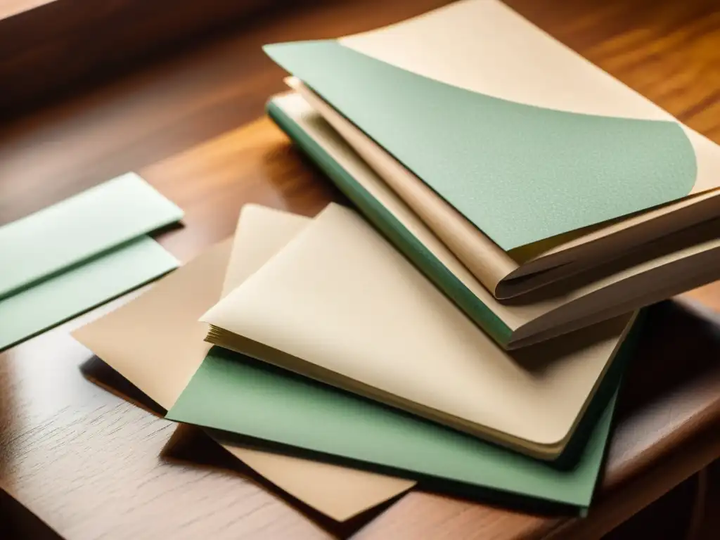 Productos de papel ecológico: encanto vintage y sostenibilidad Una pila de productos de papel biodegradable reforzado tecnológico en un escritorio de madera, iluminado suavemente, evoca sostenibilidad y artesanía