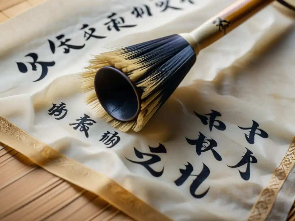 Un pincel de caligrafía chino vintage traza elegantes caracteres en un papel de arroz, iluminado por una cálida luz natural