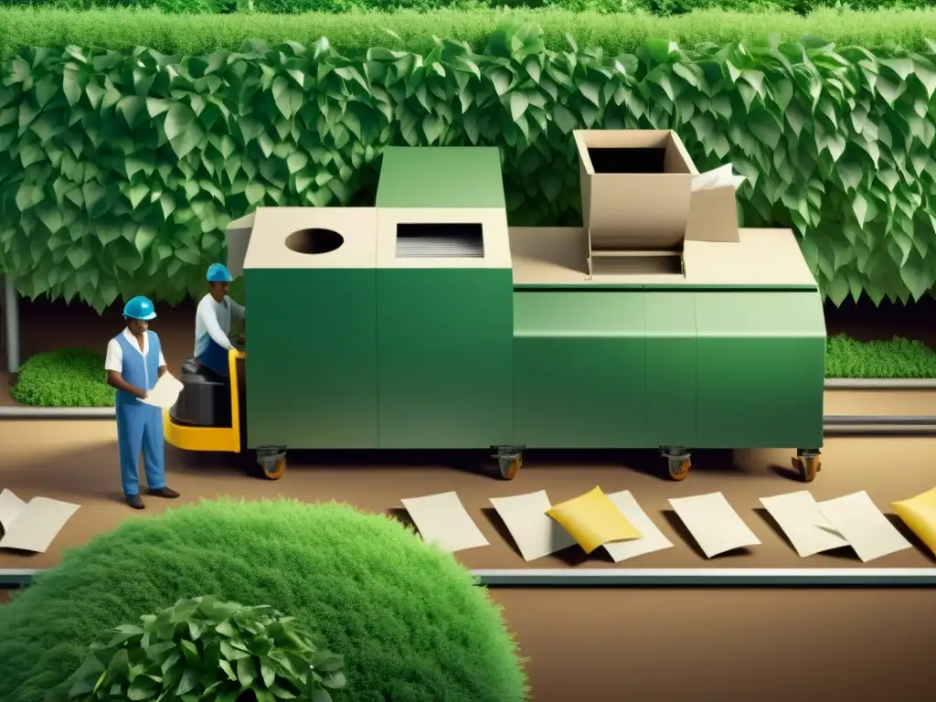 Planta de reciclaje de papel con nanotecnología eficiente, trabajadores clasificando papel reciclado, rodeada de exuberante vegetación