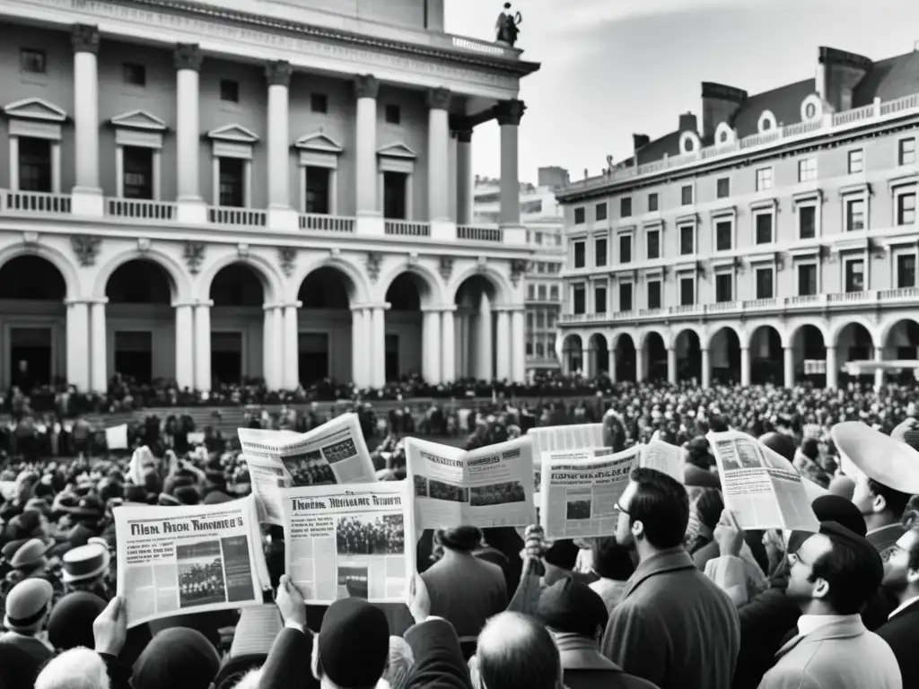 Plaza pública abarrotada, gente leyendo periódicos con interés