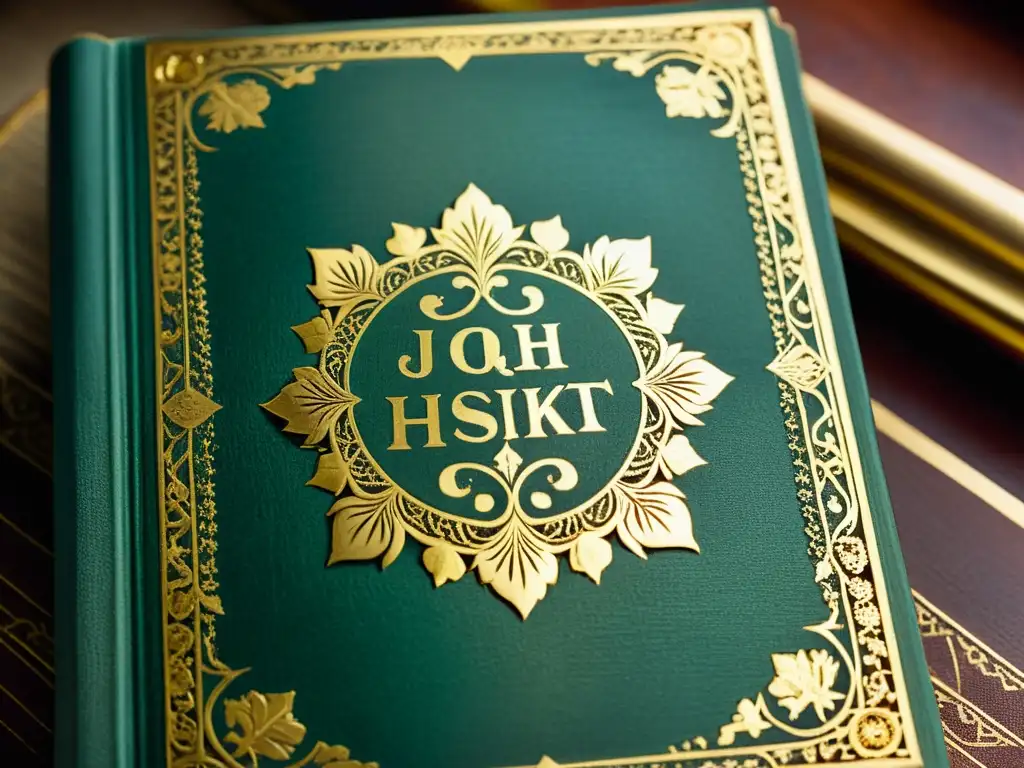 Portada de libro antiguo con detalles en oro, desgaste y tipografía ornamental, evocando elegancia y significado cultural