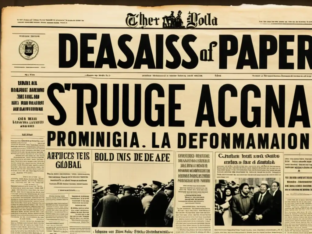 Portada de periódico vintage con titulares impactantes y tipografía dramática sobre la lucha global contra la desinformación