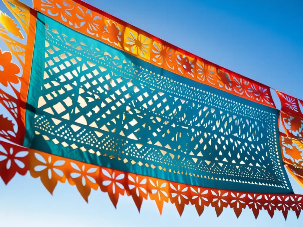 Un precioso papel picado vintage se mece al viento, proyectando sombras hipnóticas y capturando la esencia de festividades y tradiciones