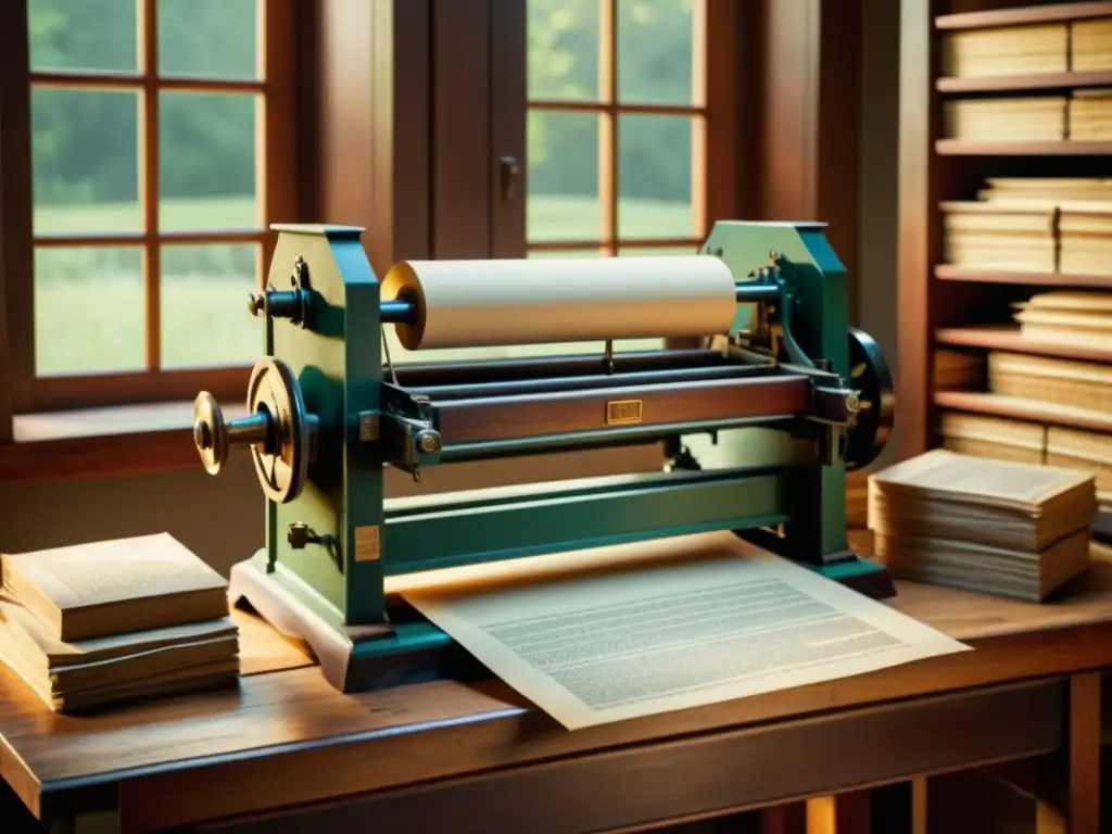 Una prensa antigua de impresión rodeada de papel envejecido, iluminada por la suave luz de una ventana