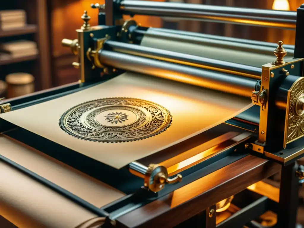 Exquisita prensa de impresión vintage en acción Una prensa de imprenta de lujo en acción, creando impresiones exquisitas en el mejor papel para impresiones de lujo, en un taller vintage encantador