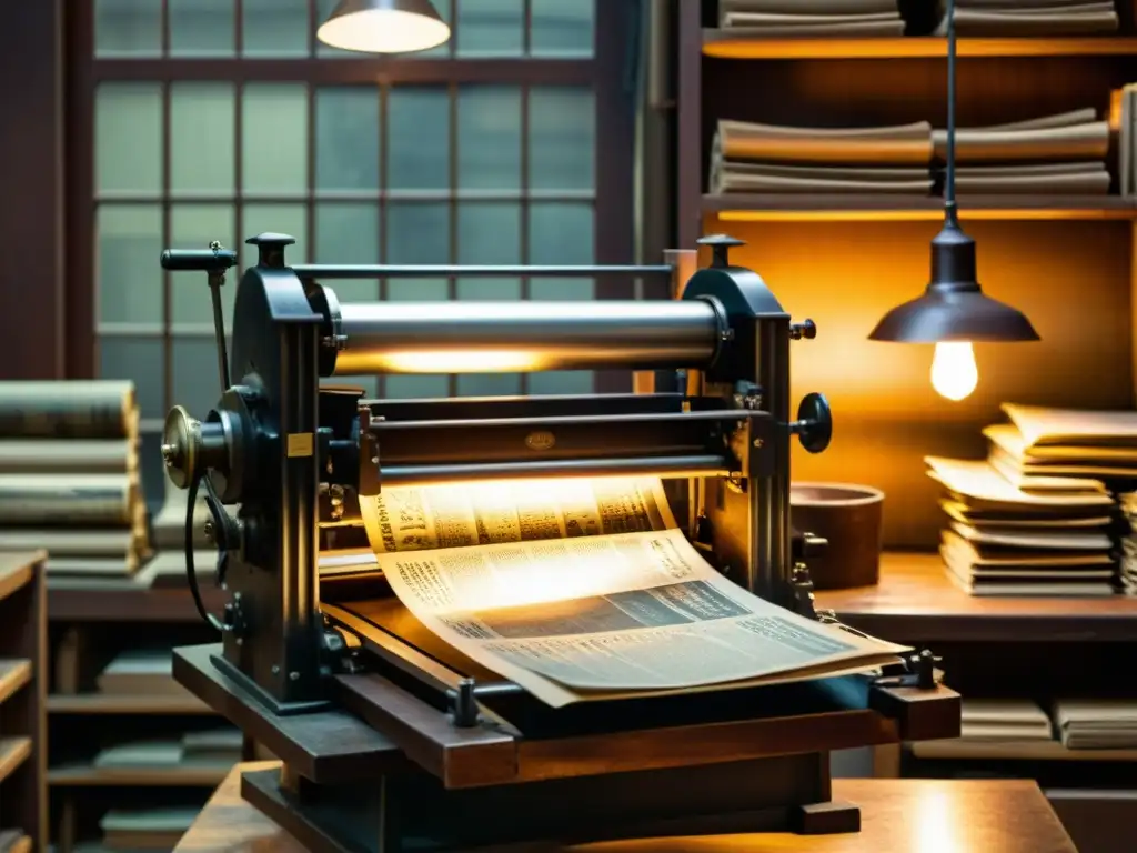 Una prensa de imprenta tradicional en una tienda antigua iluminada, adaptación de diarios y revistas en un ambiente nostálgico