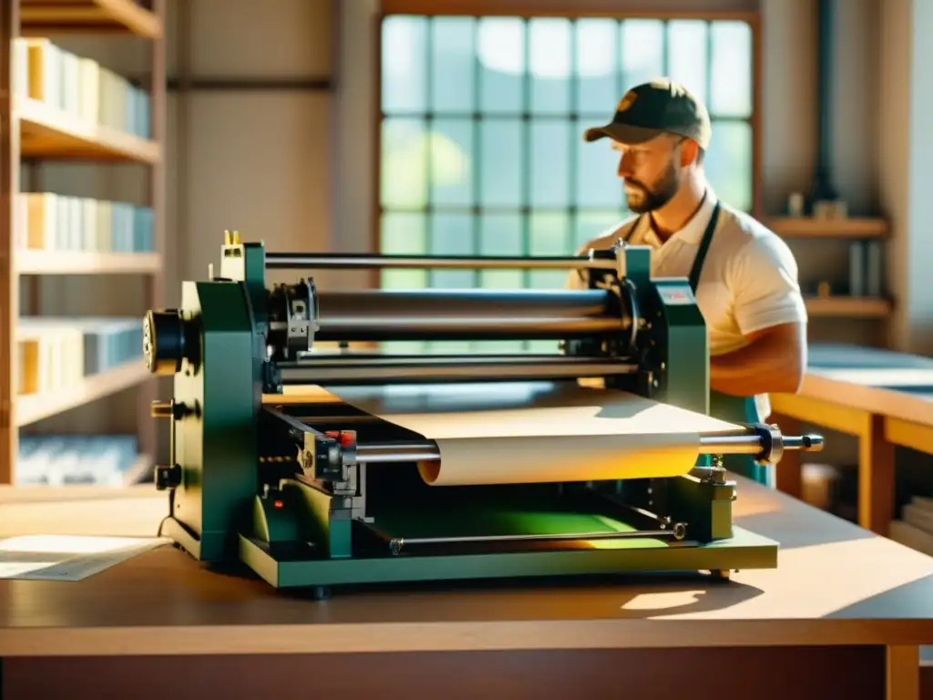 Una prensa de imprenta vintage en una habitación soleada, rodeada de papel reciclado y cartuchos de tinta ecológica