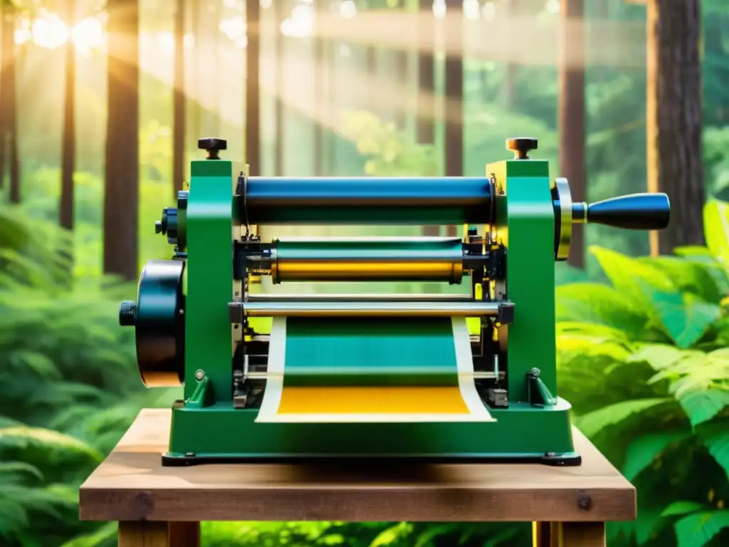 Un prensa de impresión en el bosque, usando tinta biodegradable en papel reciclado